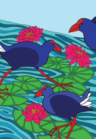 Pukeko on Water Lillies